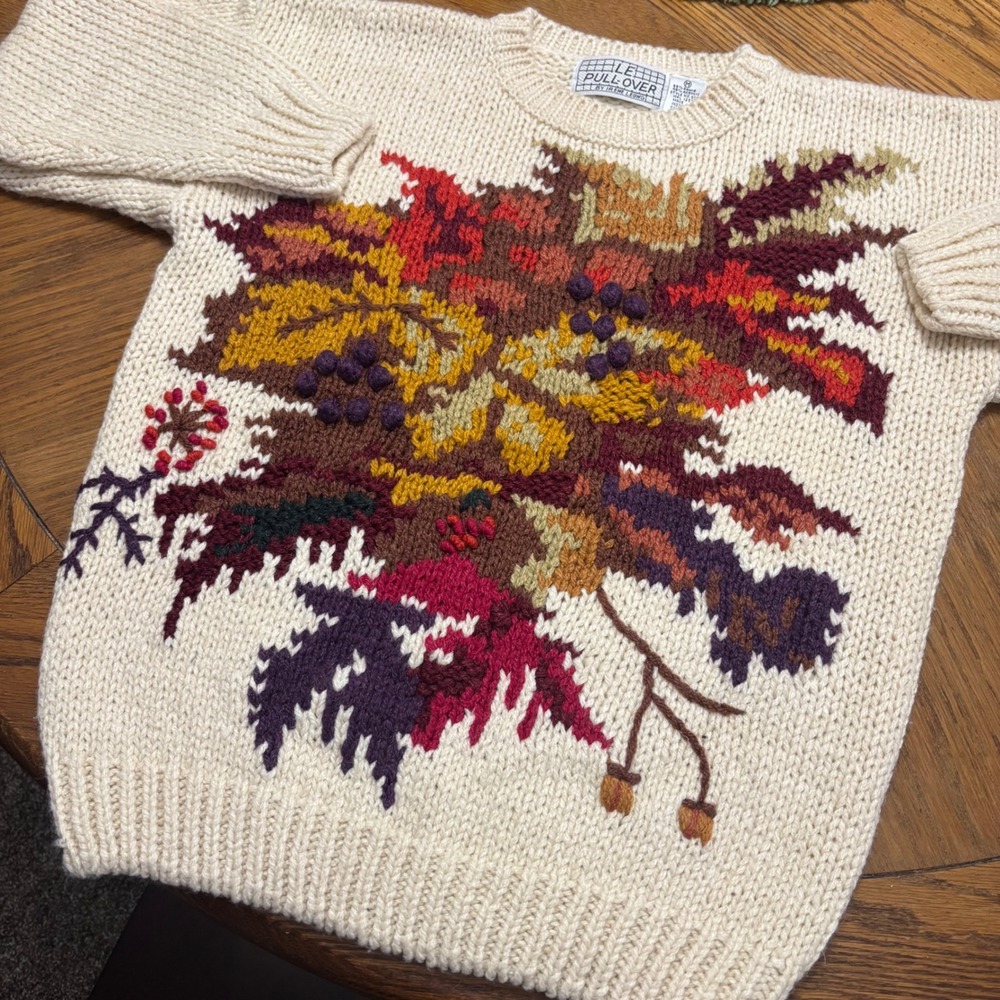 Vintage 90s Le Pullover Autumn Fall Floral Leaf Knit Sweater Cottagecore Medium